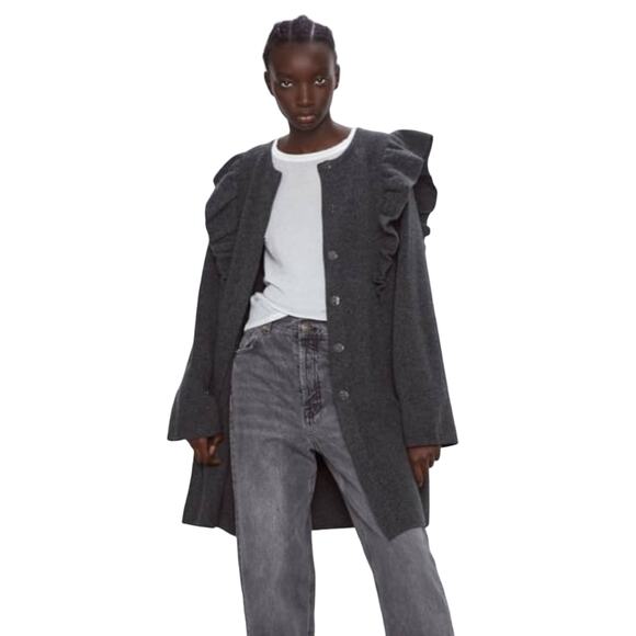 ZARA Ruffle Knit Long Sweater Coat Wool Blend Charcoal - Picture 1 of 11